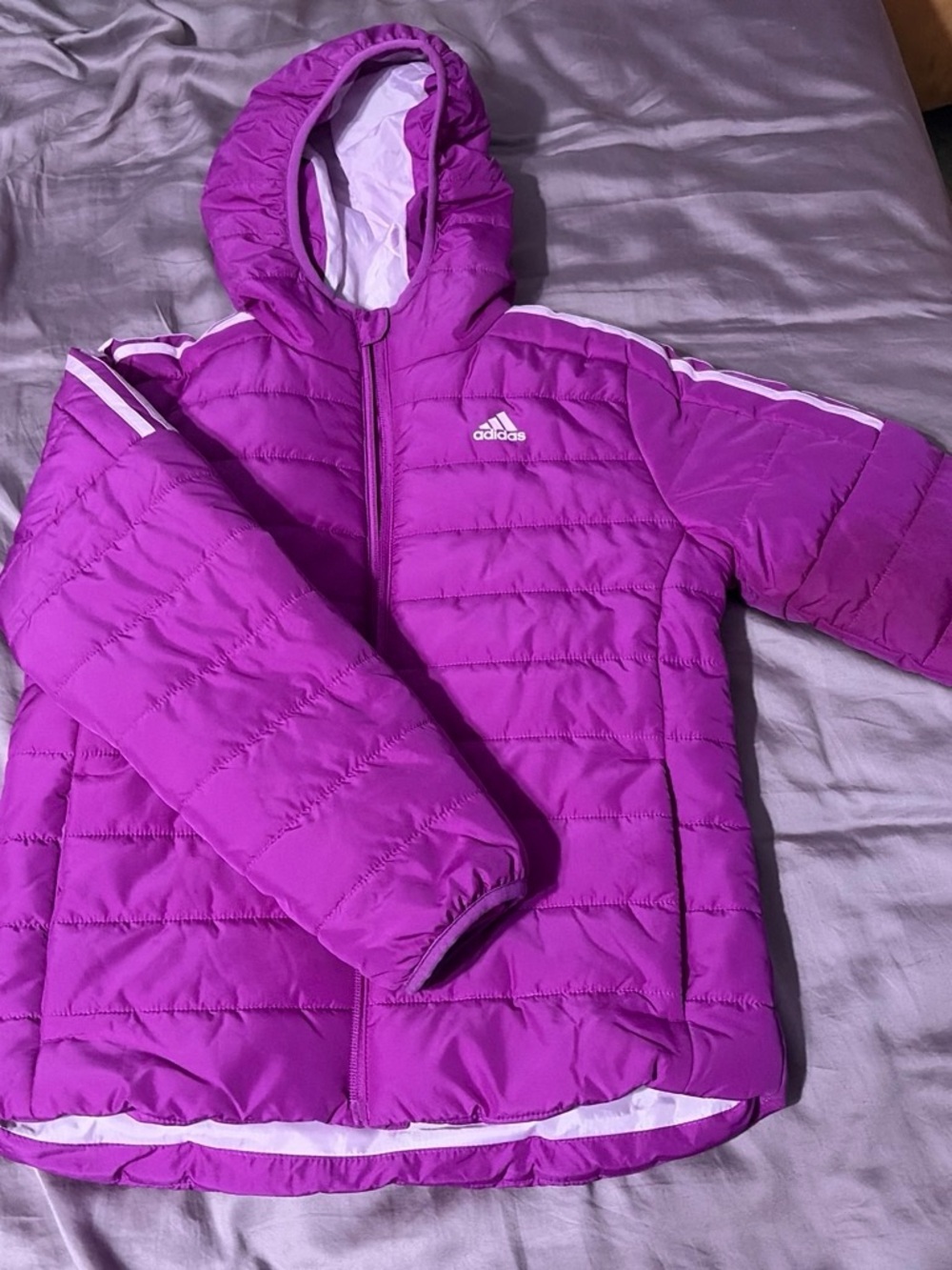 adidas Kids Hooded Puffer Jacket in Bright Purple with lavender Stripes